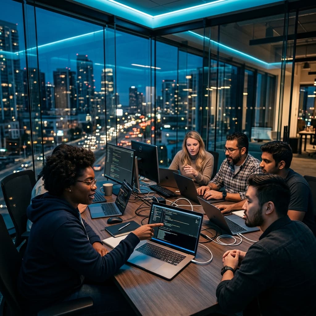 Premium cinematic scene of a professional software engineering team collaborating in a modern software office