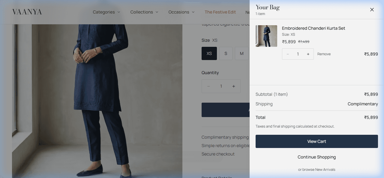 Slide-out cart drawer showing order summary and checkout action