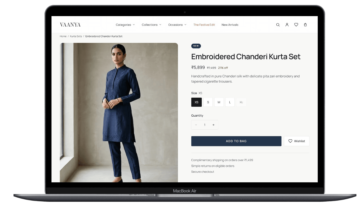 Product detail page with size selectors on desktop
