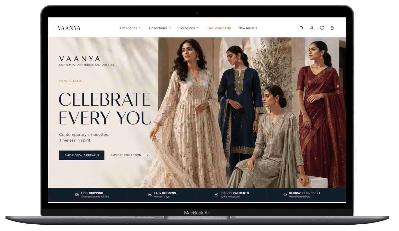 VAANYA apparel flagship storefront on desktop display